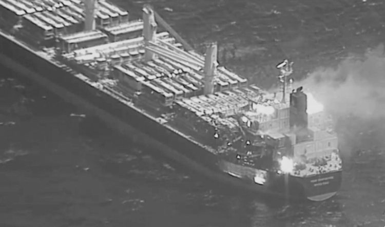 This image obtained from the US Central Command (CENTCOM) on March 6, 2024, shows the Barbados-flagged, Liberian-owned bulk carrier M/V True Confidence after it was hit by an anti-ship ballistic missile launched by Iran-backed Huthi rebels. ©AFP