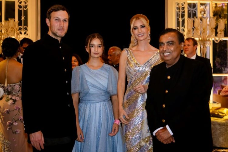 Donald Trump's daughter Ivanka (2R) and husband Jared Kushner (L) are among those attending the pre-wedding celebration hosted by billionaire Mukesh Ambani (R). ©AFP