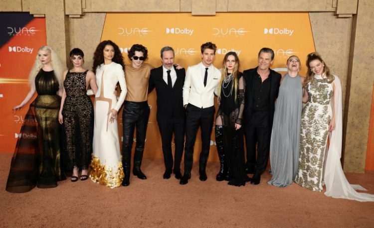 Attending the February 25 New York premiere of 'Dune: Part Two' are -- (L-R) Anya Taylor-Joy, Souheila Yacoub, Zendaya, Timothee Chalamet, director Denis Villeneuve, Austin Butler, Rebecca Ferguson, Josh Brolin, Florence Pugh and Lea Seydoux. ©AFP