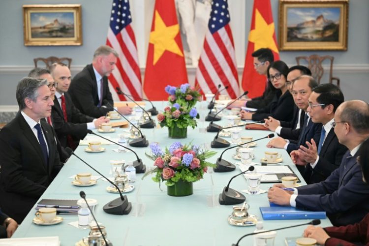 Vietnamese Foreign Minister Bui Thanh Son (third on right) speaks during a meeting with US Secretary of State Antony Blinken on March 25, 2024. ©AFP