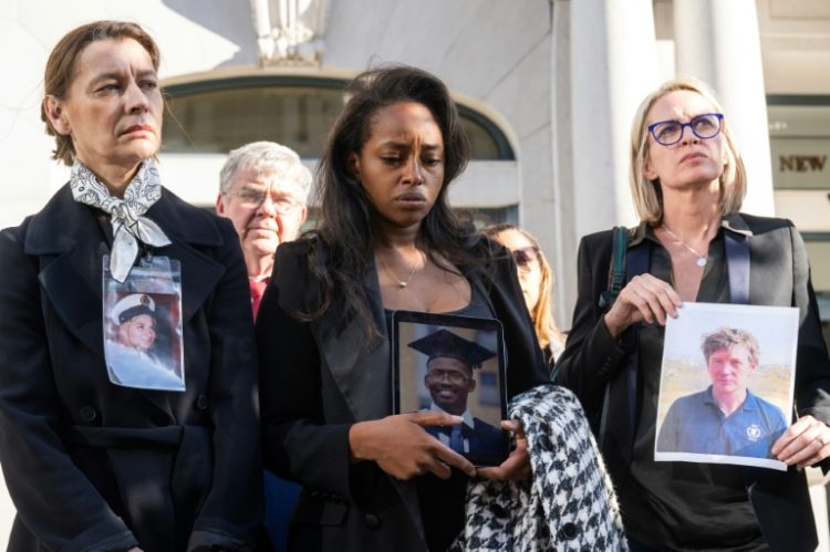 Catherine Berthet (L) and Naoise Ryan (R) join relatives of people killed in the Ethiopian Airlines Flight 302 Boeing 737 MAX crash at a press conference in Washington, DC, April 24, 2024. ©AFP