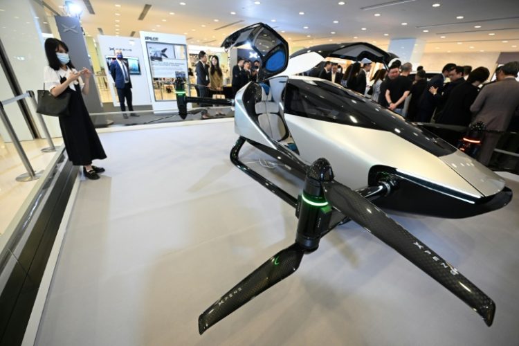 An Xpeng AeroHT X2 Flying Car on display in Hong Kong at the launch of Xpeng vehicles into the city for the first time. ©AFP