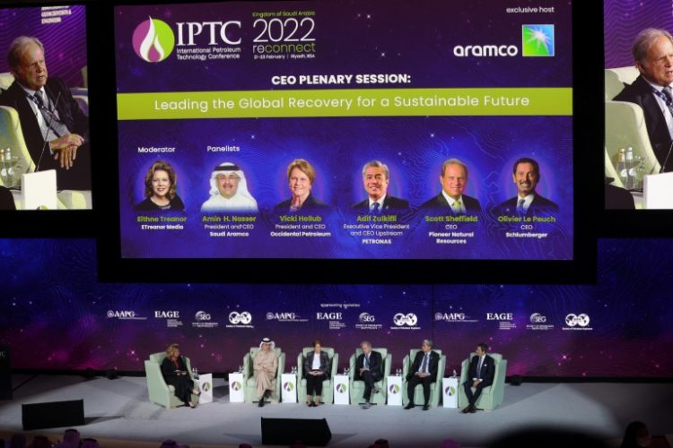 Scott Sheffield, shown here on a February 2022 panel with the CEO of Saudi Aramco, will be barred from the ExxonMobil board under a proposed consent order by the Federal Trade Commission. ©AFP