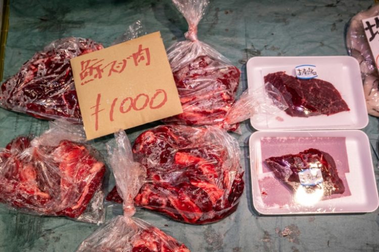 Whale meat for sale at a market in Shimonoseki, Japan -- the country has sharply reduced its imports from Iceland. ©AFP