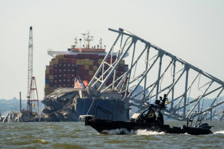 The Dali container ship struck a support column of the Francis Scott Key Bridge in Baltimore, causing its total collapse in March 2024. ©AFP