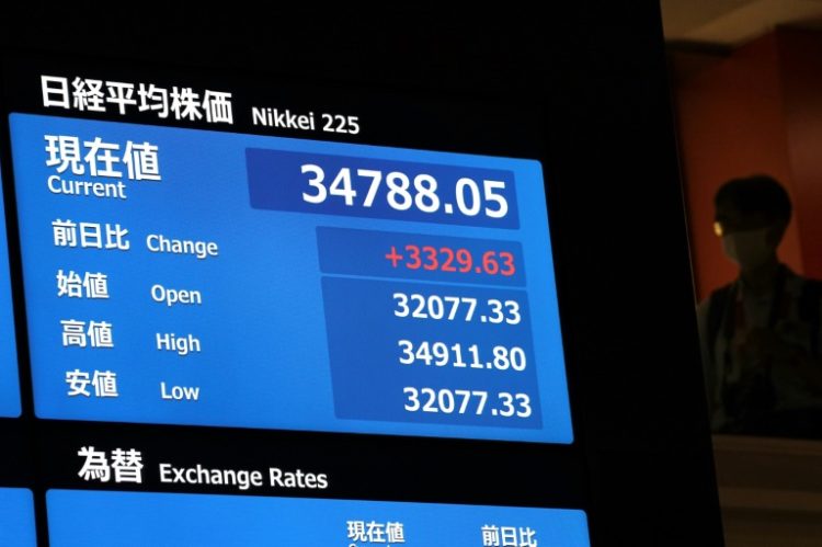 Tokyo stocks recovered most of their record losses on Monday, with the Nikkei 225 index ending the day up 10.2 percent. ©AFP