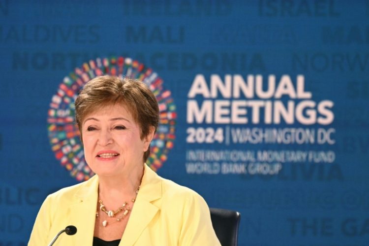 International Monetary Fund Managing Director Kristalina Georgieva takes questions from reporters at the Fund's headquarters in Washington on October 24, 2024. ©AFP