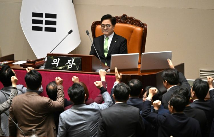 South Korea's ruling People Power Party lawmakers (bottom) argue with National Assembly Speaker Woo Won-shik (C top) during a parliamentary session. ©AFP