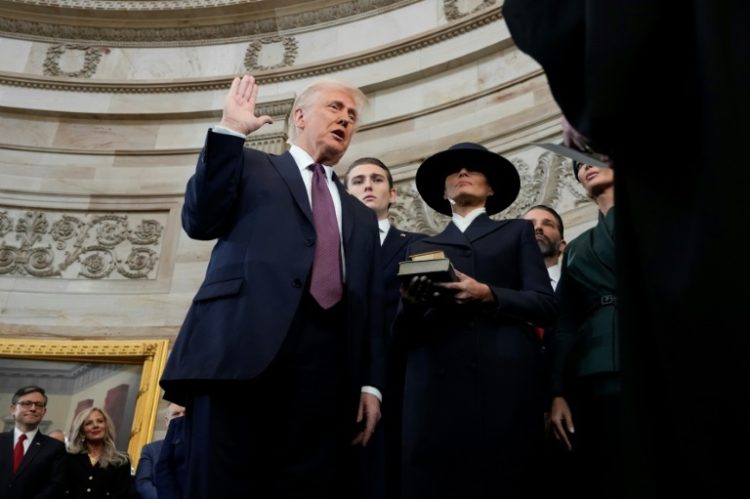 President Donald Trump, speaking after being sworn in, vowed an overhaul of the US trade system. ©AFP