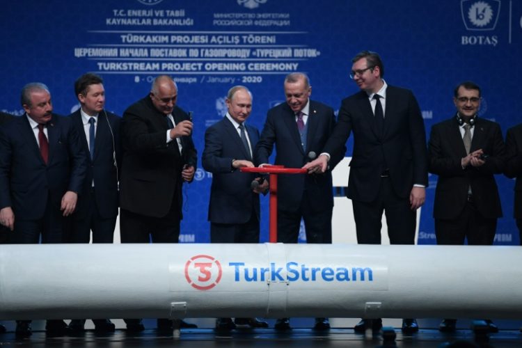 Russian President Vladimir Putin, Turkish counterpart Recep Tayyip Erdogan and eastern European leaders inaugurated the TurkStream pipeline in Istanbul in January 2020. ©AFP