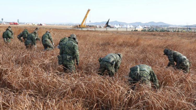 Soldiers search at the site of the Jeju Air passenger plane crash at Muan International Airport. ©AFP