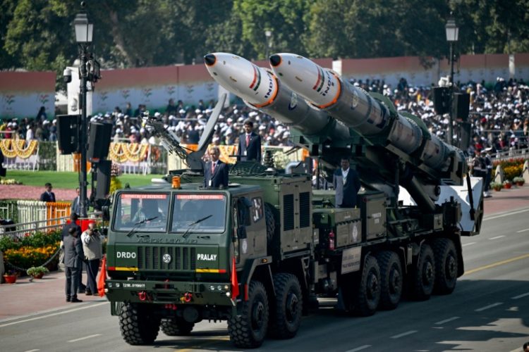 India has boosted its domestic arms industry including this Pralay weapon system on display at country’s 76th Republic Day parade in New Delhi on January 26. ©AFP