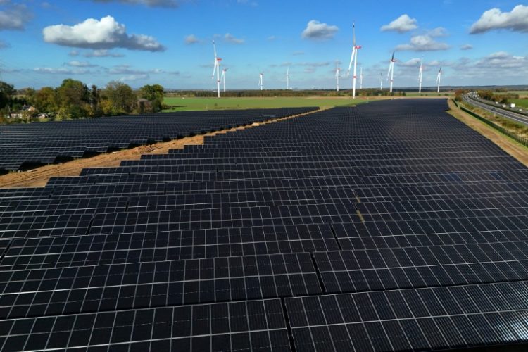 An aerial view shows a solar park being built by 'F&S solar service' company near Erftstadt, western Germany. ©AFP