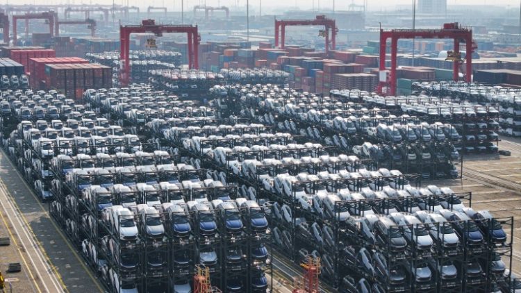 BYD electric cars waiting to be loaded onto a ship for export at the international container terminal of Taicang Port in Suzhouin February 2024. ©AFP