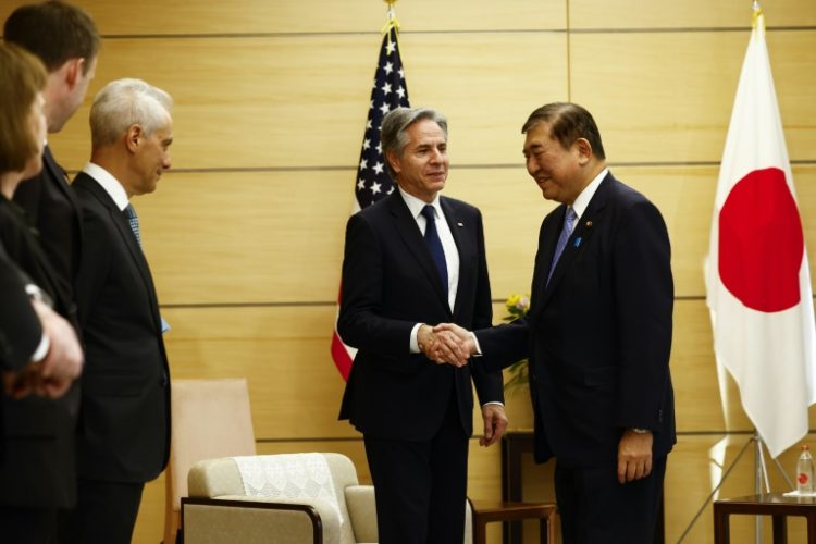 US Secretary of State Antony Blinken shakes hands with Japanese Prime Minister Shigeru Ishiba alongside US Ambassador to Japan Rahm Emanuel at Ishiba's official residence in Tokyo. ©AFP