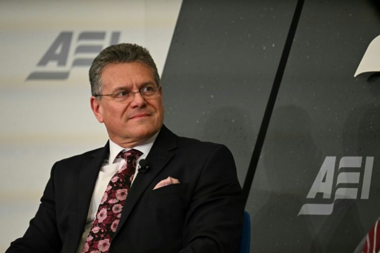 Maros Sefcovic, European Commissioner for Trade and Economic Security, speaks at the American Enterprise Institute (AEI) in Washington, DC, on February 19, 2025. ©AFP