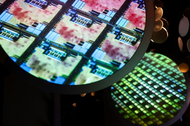 An image of an electronic wafer is displayed at the Taiwan Semiconductor Manufacturing Company (TSMC) Museum  . ©AFP